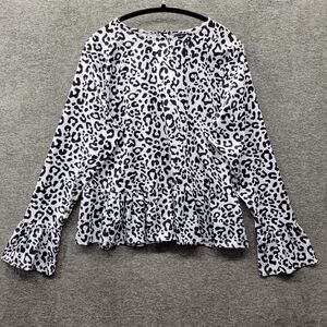 Boohoo Blouse Women's 14 White Black Tall Leopard Print Long Sleeve Top NWT